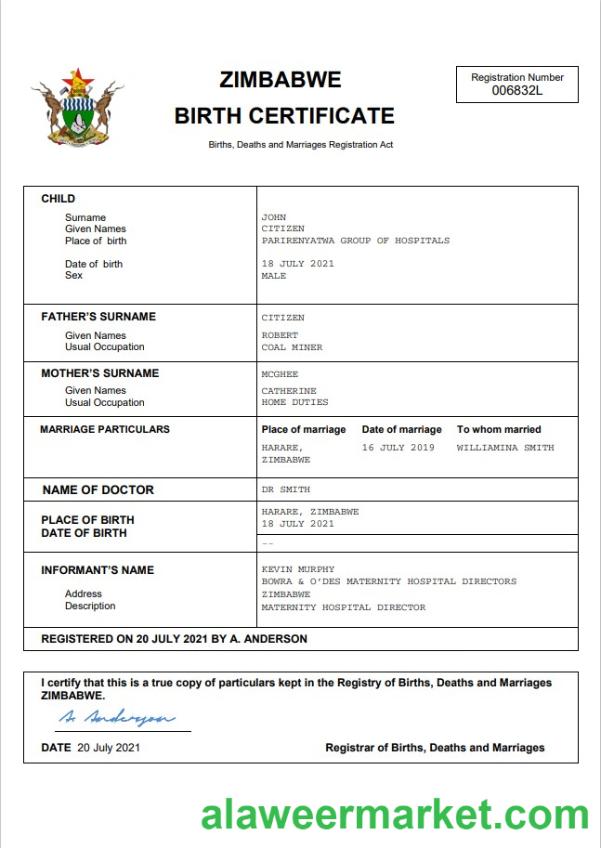 Zimbabwe vital record birth certificate Word and PDF template
